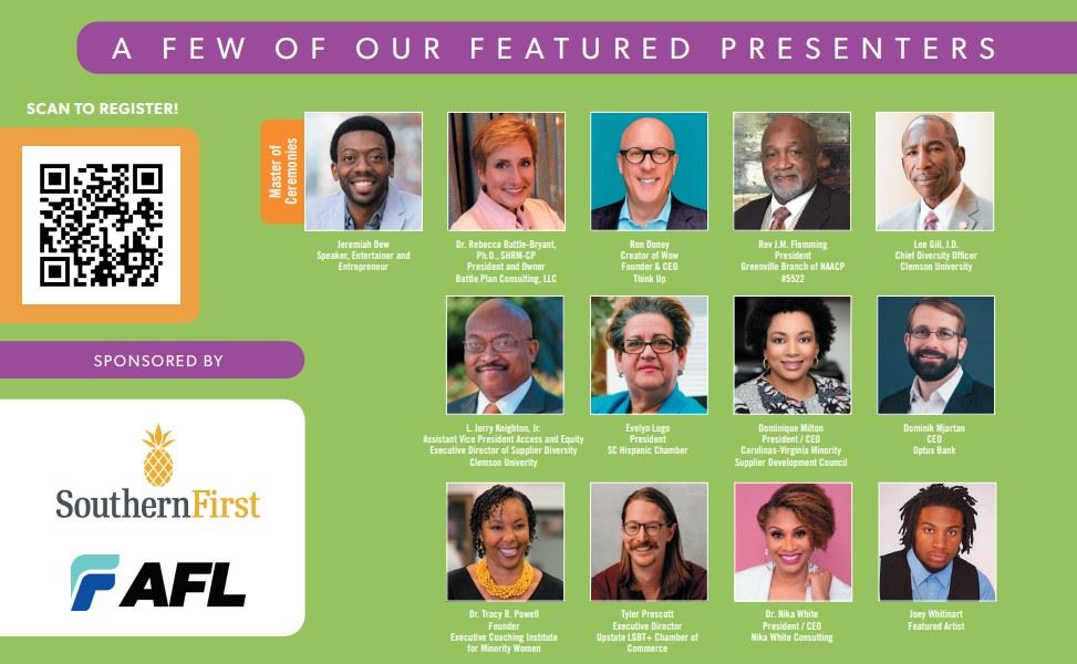 Living Color Flyer announcing DEI Conference and Business Expo featuring headshots of numerous speakers held Wednesday, March 16, 2022 from 7:30 to 5:30 at the Greenville Convention Center. Register at the link above or click on this image.